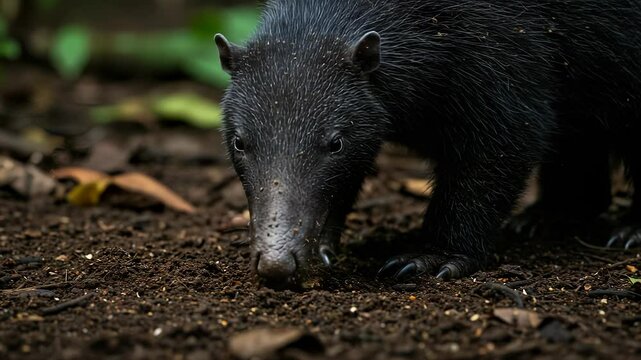 Close-up of a curious coendou prehensile-tailed porcupine foraging on the forest floor