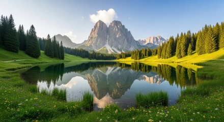 Fototapeta premium Serene lake nestled amidst towering mountains.