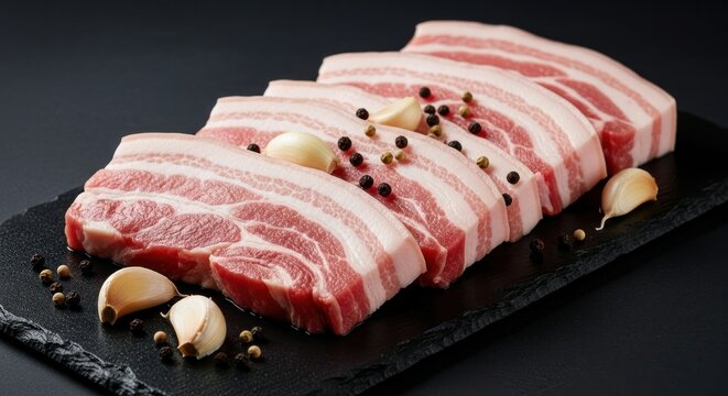 Fresh pork belly slices arranged on a slate board.