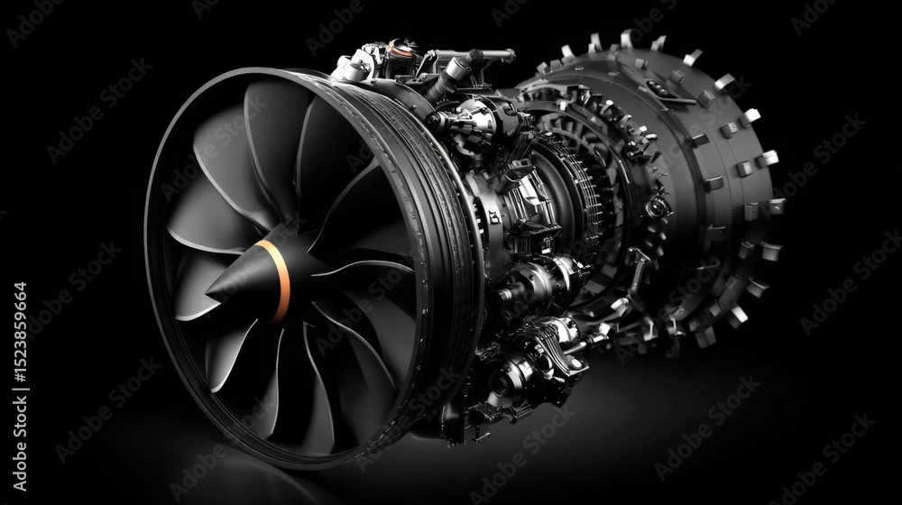 Poster high-resolution image of a jet engine turbo fan with detailed metallic components on a black backgro