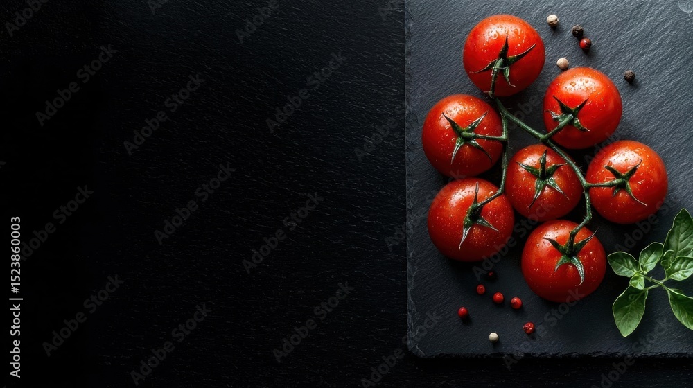 Poster group of red tomatoes on a black slate board. the tomatoes are arranged in a scattered manner, with 