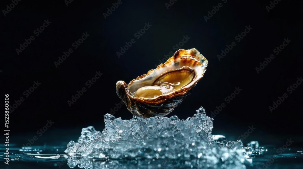 Aufkleber close-up of an open oyster shell on a bed of ice. the oyster is in the center of the image, with its