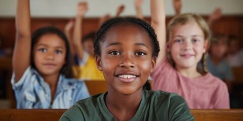 Diverse schoolgirls engaged in classroom learning activity with raised hands