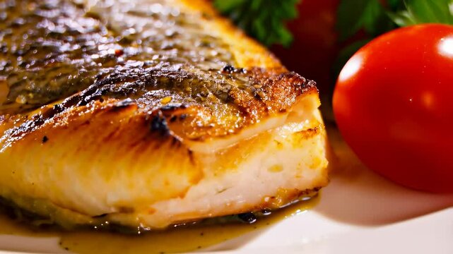 Grilled fish with tomatoes and parsley served on a plate.