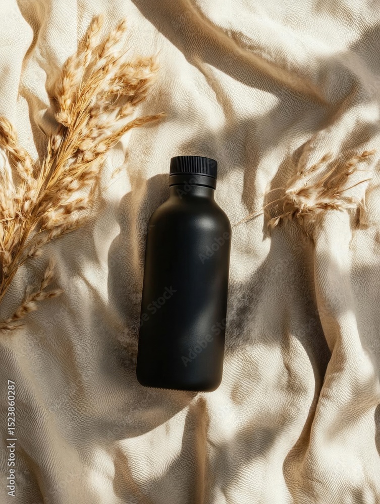 Poster black plastic bottle with a black cap lying on a beige fabric background. the bottle appears to be e