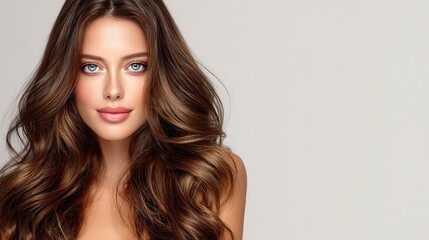 Fototapeta premium A beautiful woman with long, wavy hair, striking a stylish pose, revealing shiny and healthy brown hair, natural makeup, capturing a glamorous female figure that embodies beauty and style.