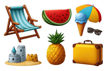 3d summer vacation icons set isolated on transparent background