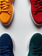 Four pairs of sneakers in different colors - orange, red, blue, and green. the sneakers are arranged in a row on a white background.