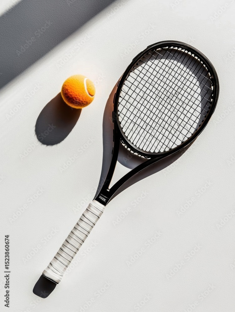 Poster black tennis racket with a white handle and strings. the racket is lying on a white surface with a s