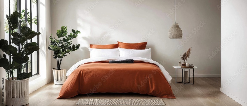 Poster modern and minimalistic bedroom with a large window on the left side. the window has white curtains 