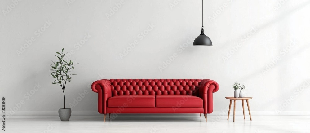 Poster modern living room with a red leather sofa in the center. the sofa has a tufted design with a button