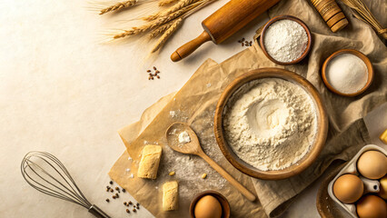 Baking background for signatures. Flour, wheat, eggs, rolling pins, baking supplies on a beige surface. For bakery advertisements, recipe blogs, cookbooks, menu design, packaging