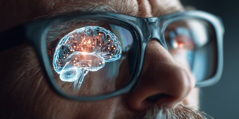 Engineer analyzing artificial intelligence with digital brain reflection for advanced technology insights