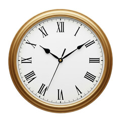 A goldenrimmed clock with roman numerals isolated on transparent background shows the time at ten minutes after ten
