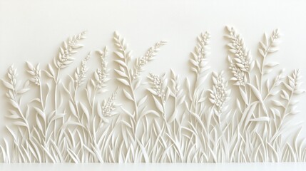 Textured, raised, white field of stylized, embossed wheat and grasses on a white wall