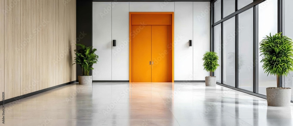 Poster empty room with a large orange door in the center. the door is flanked by two white walls on the lef