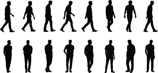 Silhouette of walking and standing male figures, vector illustration, black human character poses for design, animation, infographic, motion graphic