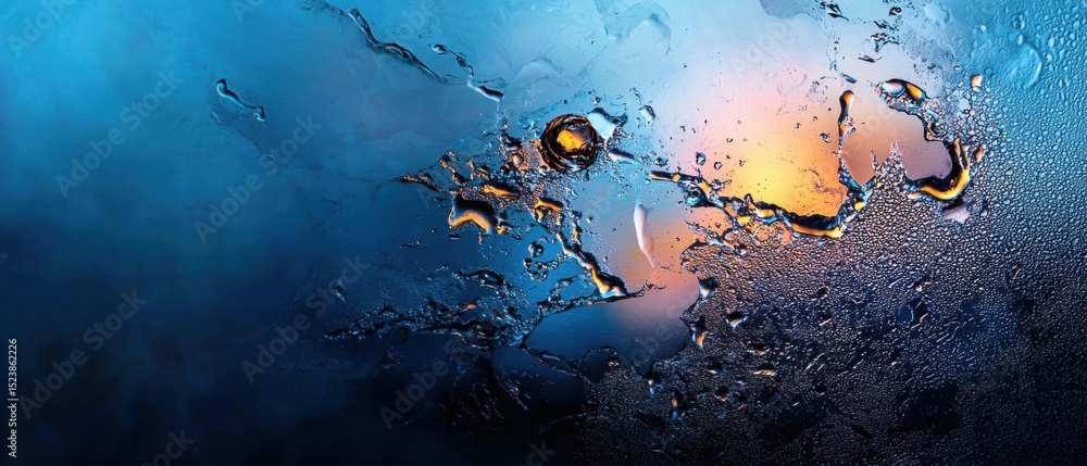 Poster close-up of a window with water droplets on it. the droplets are scattered across the surface of the