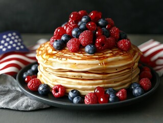 A lavish stack of golden pancakes, generously drenched in syrup and mounded with an abundance of fresh raspberries and blueberries