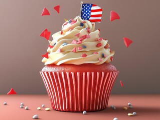 A delicious cupcake with swirls of white frosting, topped with an American flag and surrounded by falling confetti