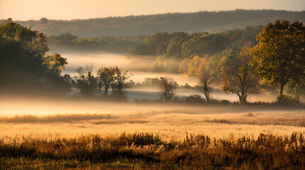 Soft golden light breaks over fog-covered field with autumn-colored trees in distant serene landscape
