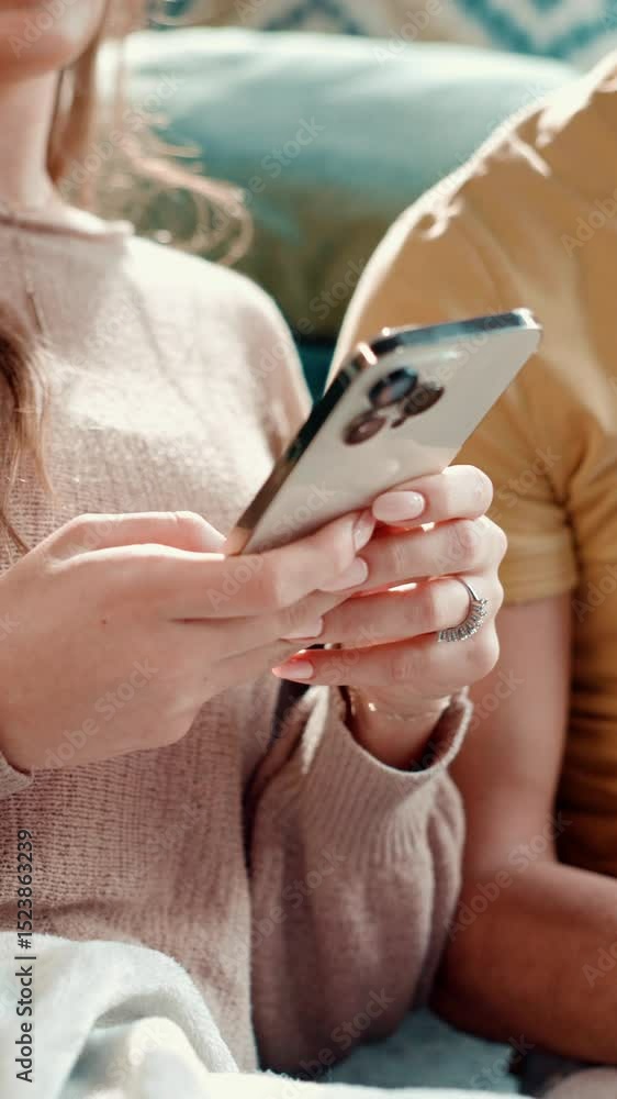 Poster hands, texting and person with smartphone, couple or browsing on website for message or living room.