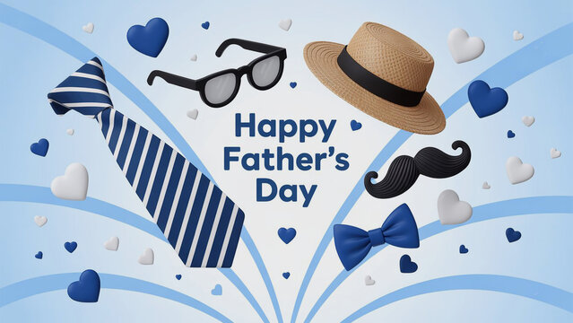 Festive father's day illustration featuring decorative elements and heart shapes floating in the air