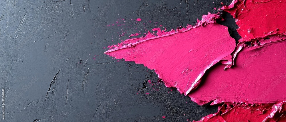 Poster close-up of a pink lipstick smudge on a dark grey background. the smudge is in the shape of a triang