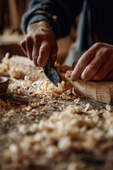 Close-up of hands carving raw wood by hand. Ideal for illustrating woodworking, craft tutorials, or traditional craftsmanship visuals.