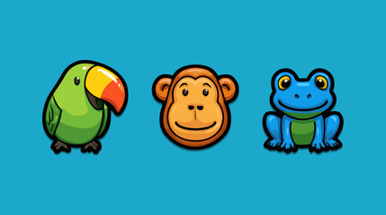 Colorful cartoon animals featuring a parrot, monkey, and frog on a blue background