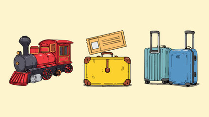 Classic train illustration with luggage and a postcard representing travel experiences and adventures