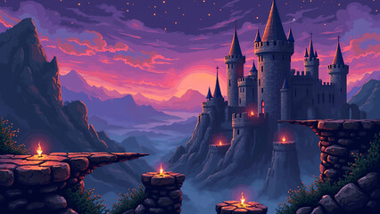 a pixel art scene in a 90s game style showing a medieval castle with crumbling stone platforms, moving spike traps, and floating candles. Background should have pixelated mountains and a purple dusk s