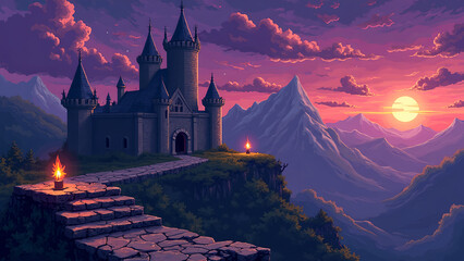 a pixel art scene in a 90s game style showing a medieval castle with crumbling stone platforms, moving spike traps, and floating candles. Background should have pixelated mountains and a purple dusk s