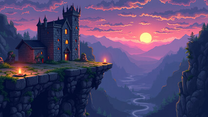 a pixel art scene in a 90s game style showing a medieval castle with crumbling stone platforms, moving spike traps, and floating candles. Background should have pixelated mountains and a purple dusk s