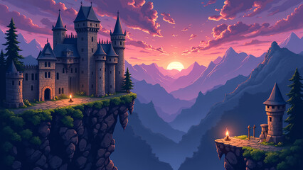 a pixel art scene in a 90s game style showing a medieval castle with crumbling stone platforms, moving spike traps, and floating candles. Background should have pixelated mountains and a purple dusk s