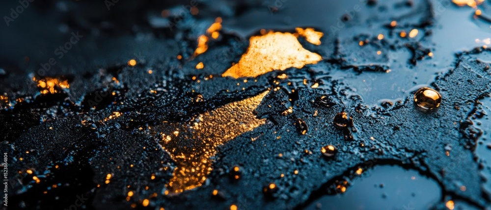 Poster close-up of a black surface with small droplets of water scattered across it. the droplets are of di