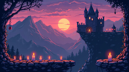a pixel art scene in a 90s game style showing a medieval castle with crumbling stone platforms, moving spike traps, and floating candles. Background should have pixelated mountains and a purple dusk s