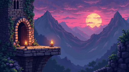 a pixel art scene in a 90s game style showing a medieval castle with crumbling stone platforms, moving spike traps, and floating candles. Background should have pixelated mountains and a purple dusk s