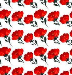 Vector decorative pattern with red poppies in diagonal on a white background. Floral texture in folk art style for fabrics, wallpapers. Fashionable floral pattern