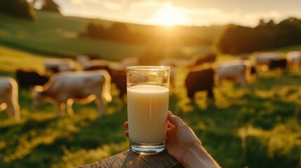 Fresh milk from pitcher into the glass with grass field and cows with a natural background,fresh milk ad template banner,Cows live on natural pastures, packaging with milk packs concept.