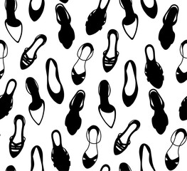 Vector seamless pattern with black various women shoes on a white background top view for fashion prints, wrapping paper, fabric. Stylish monochrome style.