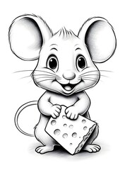 A mouse eating cheese, coloring page for kids.