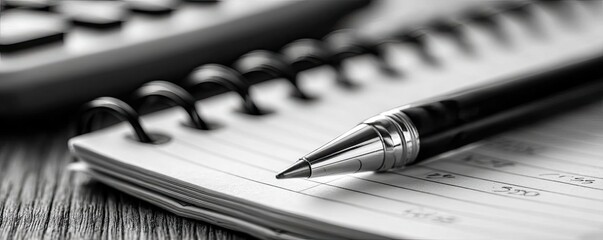 Saving money habits using debt control and planning concept. Close-up of a pen resting on a notebook and calculator.