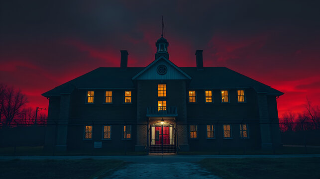 A night view of protected creepy penitentiary prison building facility, asylum exterior with barded wire on walls, red night sky, concept of scary house with maximum security