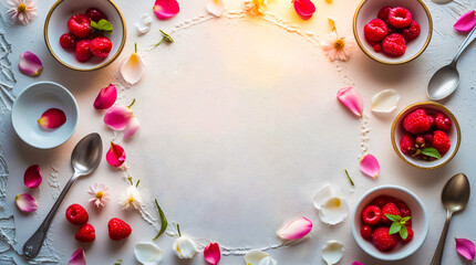 Raspberries in white bowls, surrounded by flower petals and spoons, arranged on a light background with empty central space for signatures,  food blogs, dessert menus, and culinary advertising