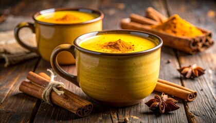 Turmeric Golden Milk,.Hot turmeric milk in rustic mug with cinnamon.