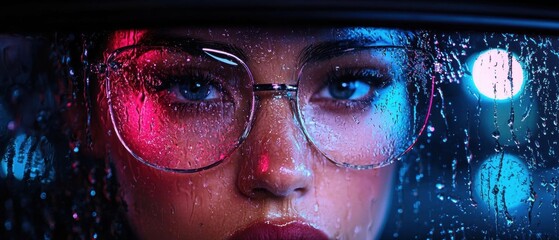 Close-up portrait of a woman's face. she is wearing round, transparent glasses with a silver frame. the lenses are reflecting the light, creating a rainbow-like effect.