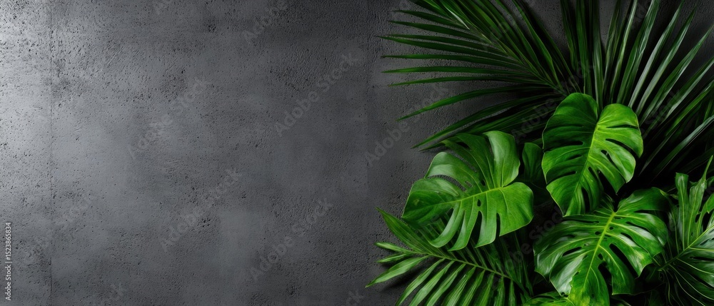 Poster close-up of a group of green tropical leaves on a dark grey textured background. the leaves are arra