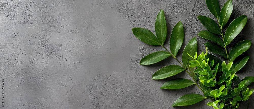 Fototapete flat lay of a plant with green leaves on a gray textured background. the leaves are arranged in a wa
