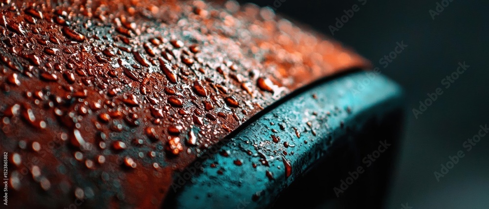 Poster close-up of a metal surface covered in small droplets of water. the droplets are scattered across th